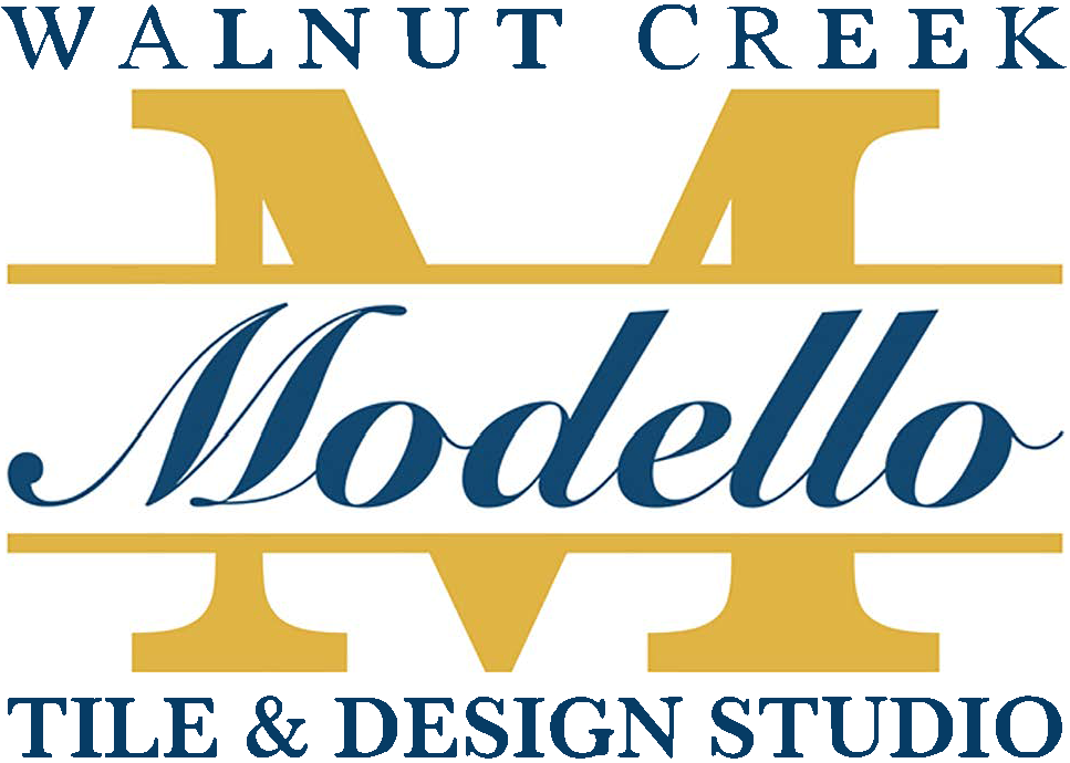 The Modello Tile Studio logo, featuring Modello in cursive on top of a large yellow M, with Tile & Design Studio written below.