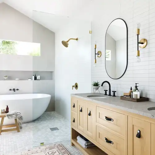 Freshly tiled residential bathroom